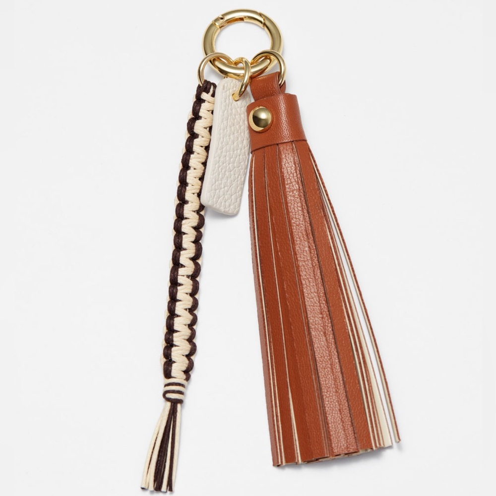 Brown & Cream Braided Leather Tassel Bag Charm Keychain